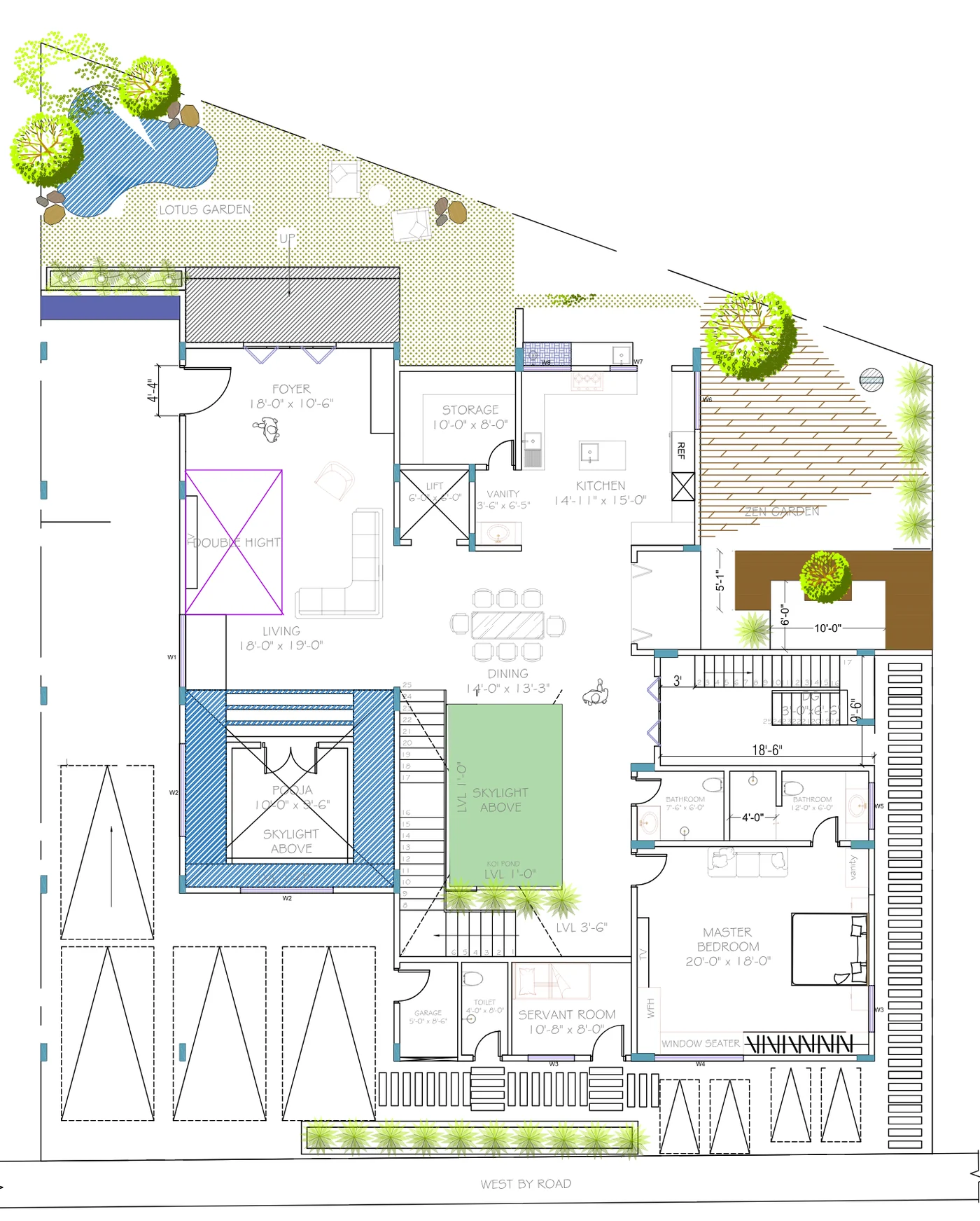 Ground floor plan of Mr. Nagaraj Residence by ARCHINEERS: foyer, living, dining, kitchen, storage, master bedroom, servant room, garage, lift, staircases, skylights, lotus garden, zen garden and koi pond.